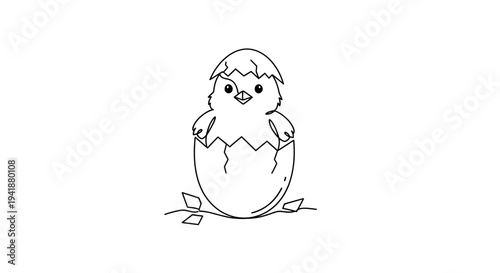 Adorable chick hatching from egg outline illustration