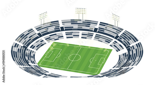 An isometric illustration depicts a large circular football stadium with a green field and tiered grey and blue stands, illuminated by four light towers.