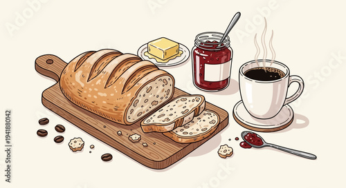 A warm breakfast spread with freshly baked bread and coffee