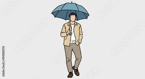 A cartoon man walking with a blue umbrella on a rainy day