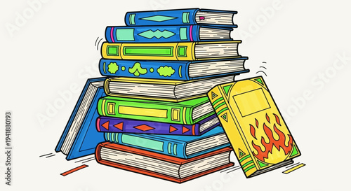 A colorful stack of books with various designs and patterns