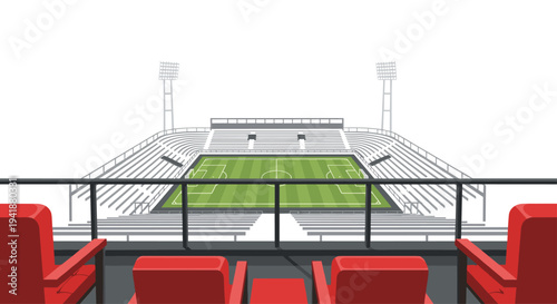 A football stadium is viewed from behind red spectator seats in the foreground, looking towards the green field and empty white stands with distant light towers.