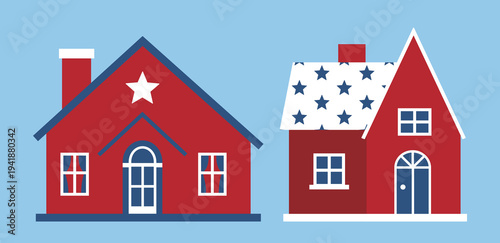 Red white blue USA home Design Clipart set.
American Patriotic USA house flat vector illustration set.
