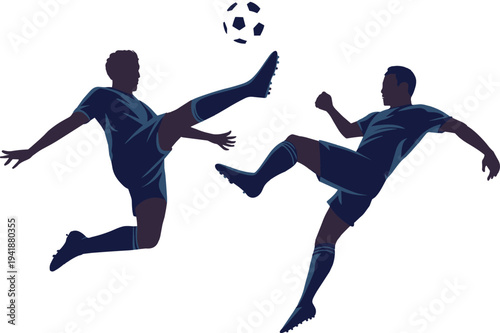 Dynamic soccer players performing acrobatic bicycle kick duel midair football action silhouette athletes competing ball isolated sport energy motion vector