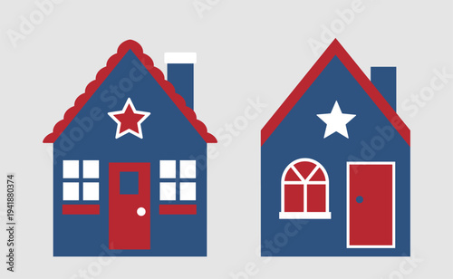 Red white blue USA home Design Clipart set.
American Patriotic USA house flat vector illustration set.
