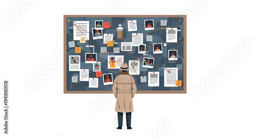 A detective in a beige trench coat stands with his back to the viewer, intently observing a large, complex corkboard investigation.
