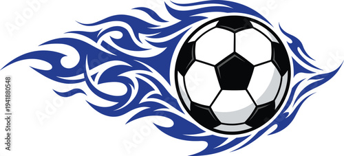 Soccer ball with blue flame, dynamic sports illustration, fast football artwork, motion energy design, athletic concept, modern graphic, speed effect background