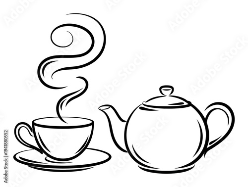 A steaming cup of tea next to a teapot, black and white
