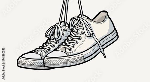 An illustration of white sneakers suspended in mid-air by their laces