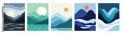 Abstract Nature Mountain Landscape Collection with Modern Minimal Scenic Illustrations and Sunset Views