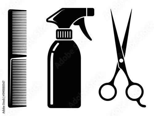 Black Silhouette of Hairdressing Tools: Comb, Spray Bottle, Scissors