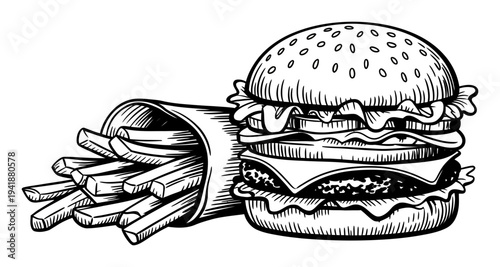 Vintage Style of a Classic Hamburger and French Fries