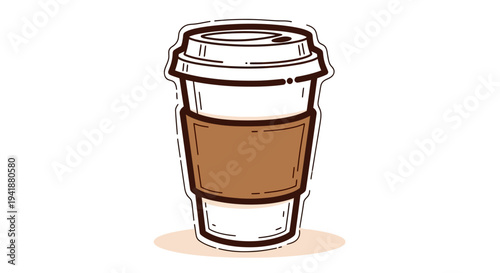 A cartoon illustration of a disposable coffee cup with a brown sleeve