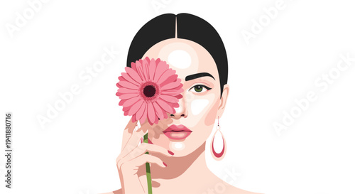 A woman with dark hair and fair skin holds a large pink gerbera daisy over her left eye, wearing a matching earring.