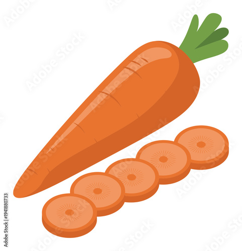 A whole carrot and several sliced carrot rounds on a white background