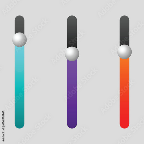 A colorful graphic design featuring three vertical bars with gradient colors and silver spheres