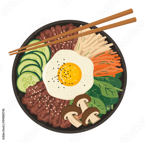 Delicious Korean Bibimbap with Fried Egg and Chopsticks