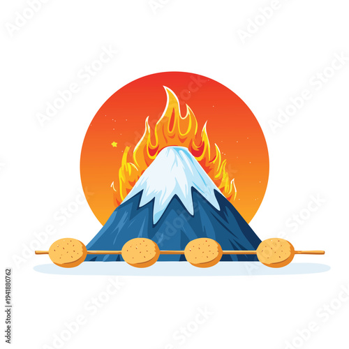 Stylized illustration of mountain with flames and snacks