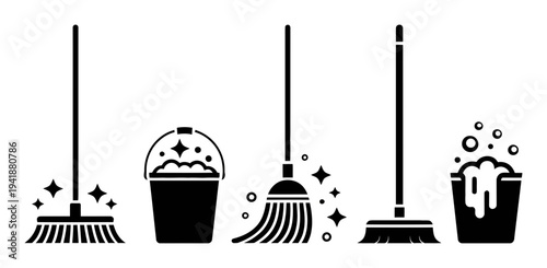 Cleaning Tools: Brooms, Mops, and Buckets with Bubbles and Sparkles