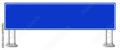 A large blue billboard stands on metal stands against a white backdrop viewed from the front