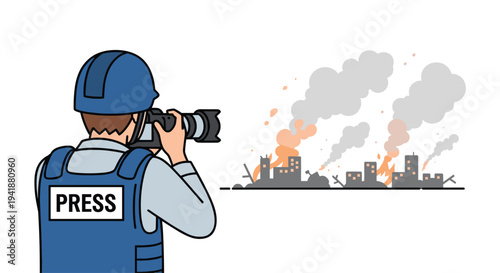 A photojournalist in a blue helmet and PRESS vest photographs a distant cityscape engulfed in flames and smoke.
