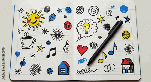 A creative notebook filled with colorful doodles and a pen