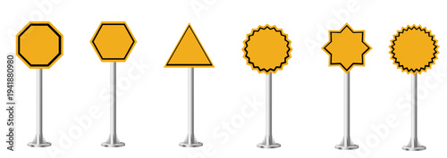 A row of orange traffic signs on metal poles against a plain white background from a straight-on viewpoint.