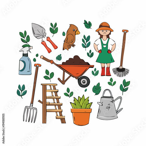 Cartoon gardener with garden tools.