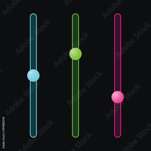 A colorful graphic design featuring three neon sliders on a black background