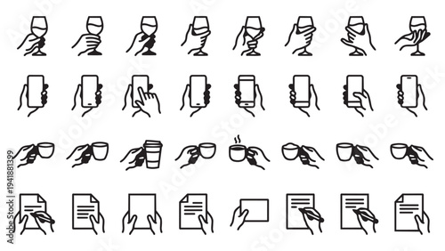 Hand Gestures with Everyday Objects Vector Icon Set: Holding Wine Glasses, Smartphones, Coffee Cups, and Writing on Paper - Minimalist Line Art Collection for UI/UX Design