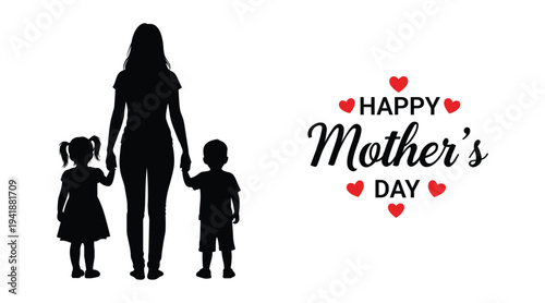 Happy Mothers Day Typography with Mother and Children Silhouette Family Love Celebration Vector Illustration