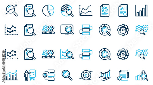 Comprehensive set of data analysis, business, and financial report icons in outline and filled styles with blue accents. Vector illustration for analytics.
