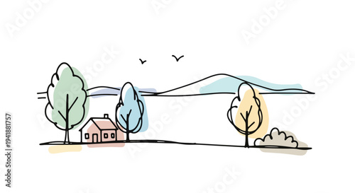 A peaceful house surrounded by trees and mountains