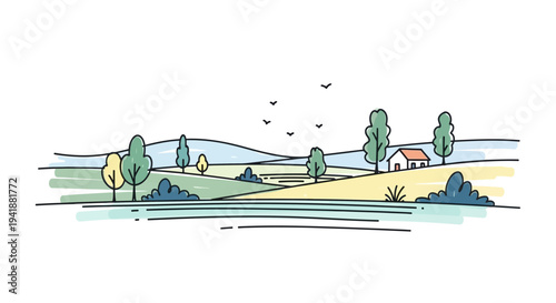 A serene landscape with a house and trees in a rural setting