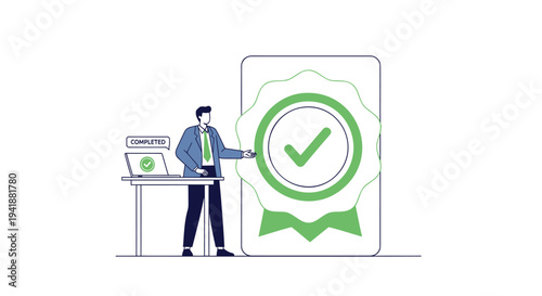 Vector illustration of businessman with green checkmark certification