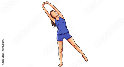 A woman in blue athletic wear stretching her arms up