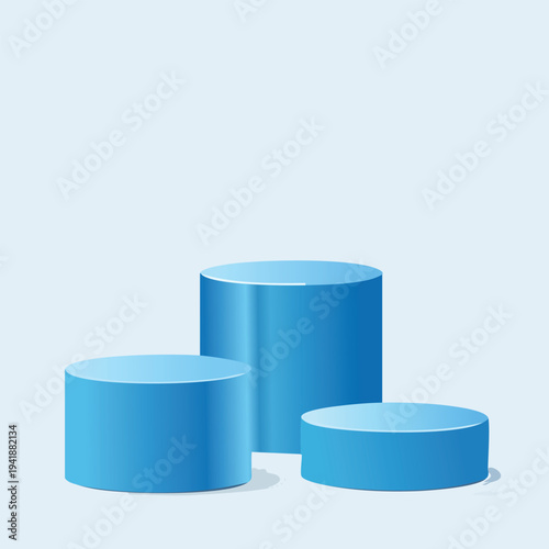 Three blue cylindrical podiums on light background