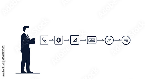 Vector illustration of businessman with workflow process icons