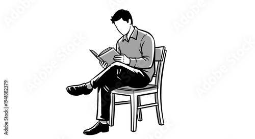 A man sitting on a chair reading a book