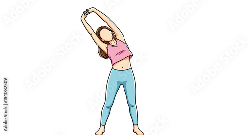 A woman in a pink top and blue leggings stretching her arms up