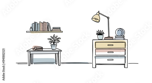 A simple line drawing of a cozy bedroom with furniture