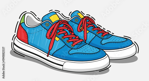 A pair of colorful blue sneakers with red laces