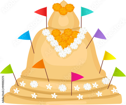 Decorated Sand Pagoda with Flags for Thai New Year Design