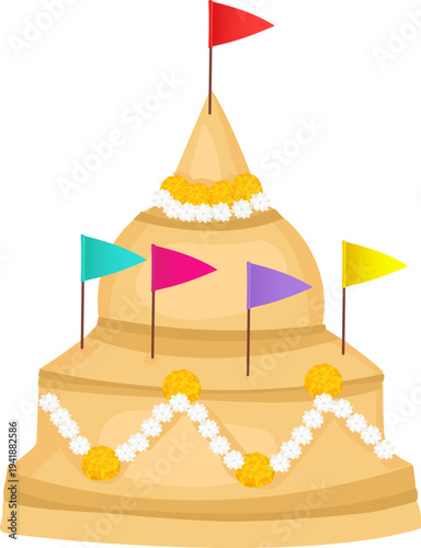 Layered Sand Pagoda with Pennants for Songkran Celebration