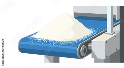 A large, pristine white conical pile of granular material is being transported on a blue industrial conveyor belt, viewed from a close-up angle.
