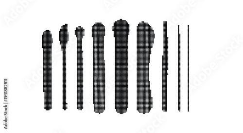 Collection of various black and white pixelated brush strokes in different shapes and sizes on a white background creating a dynamic and artistic visual effect.