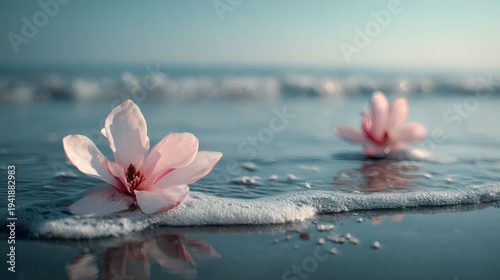Serene Petals by the Sea: Two delicate blossoms, gently caressed by the rhythmic embrace of the ocean waves, convey a sense of transient beauty and tranquility along the seashore.