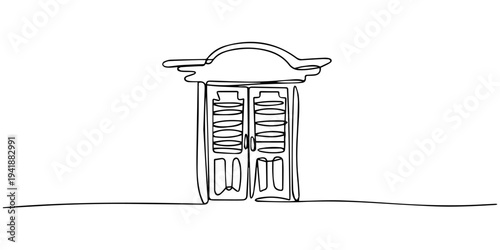 continuous one line drawing Vector illustration of a house door with shutters