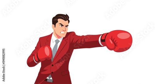 A close-up view captures a determined businessman in a red suit and red boxing gloves, with a grimacing expression, throwing a forceful punch.