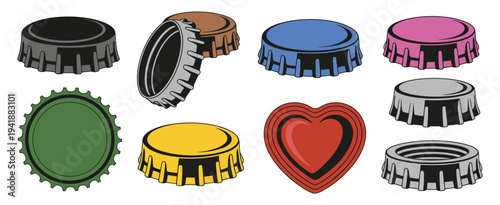 Colorful Bottle Caps Set Vector Illustration, Collection of Metal Drink Cap Elements Isolated on White Background, Soda and Beer Packaging Design Symbols, Beverage Branding Icons for Graphic Design